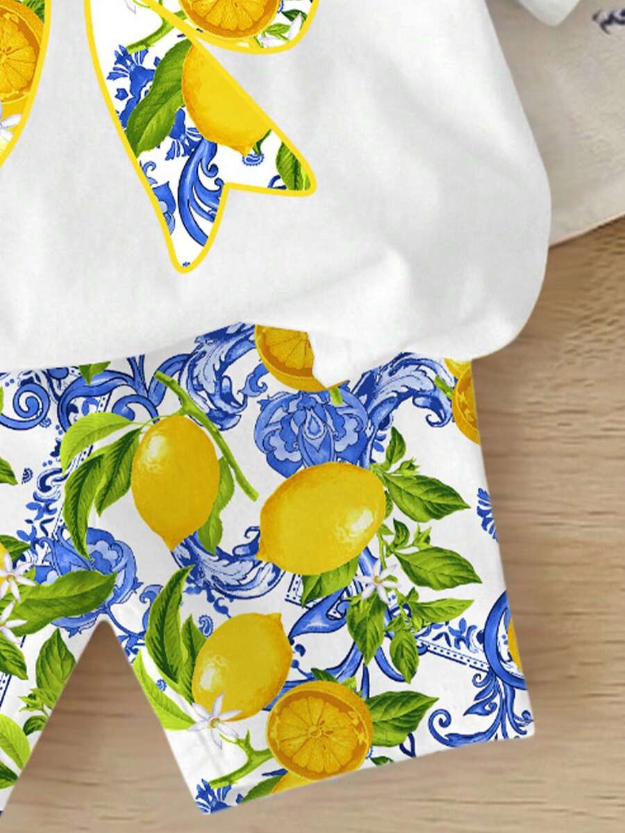 Elladie kids 2pcs/Set 4-7 Years Old Girls Toddler Outfits,Summer Cherry Bow Print Blue & White Striped Round Neck Short Sleeve T-Shirt + Shorts,Fresh Cute Style