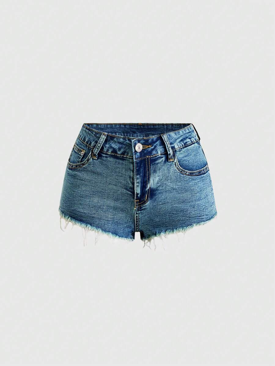 Women's medium wash low waist shorts with butterfly embroidery, rhinestone embellishments, zipper fly, and skinny fit