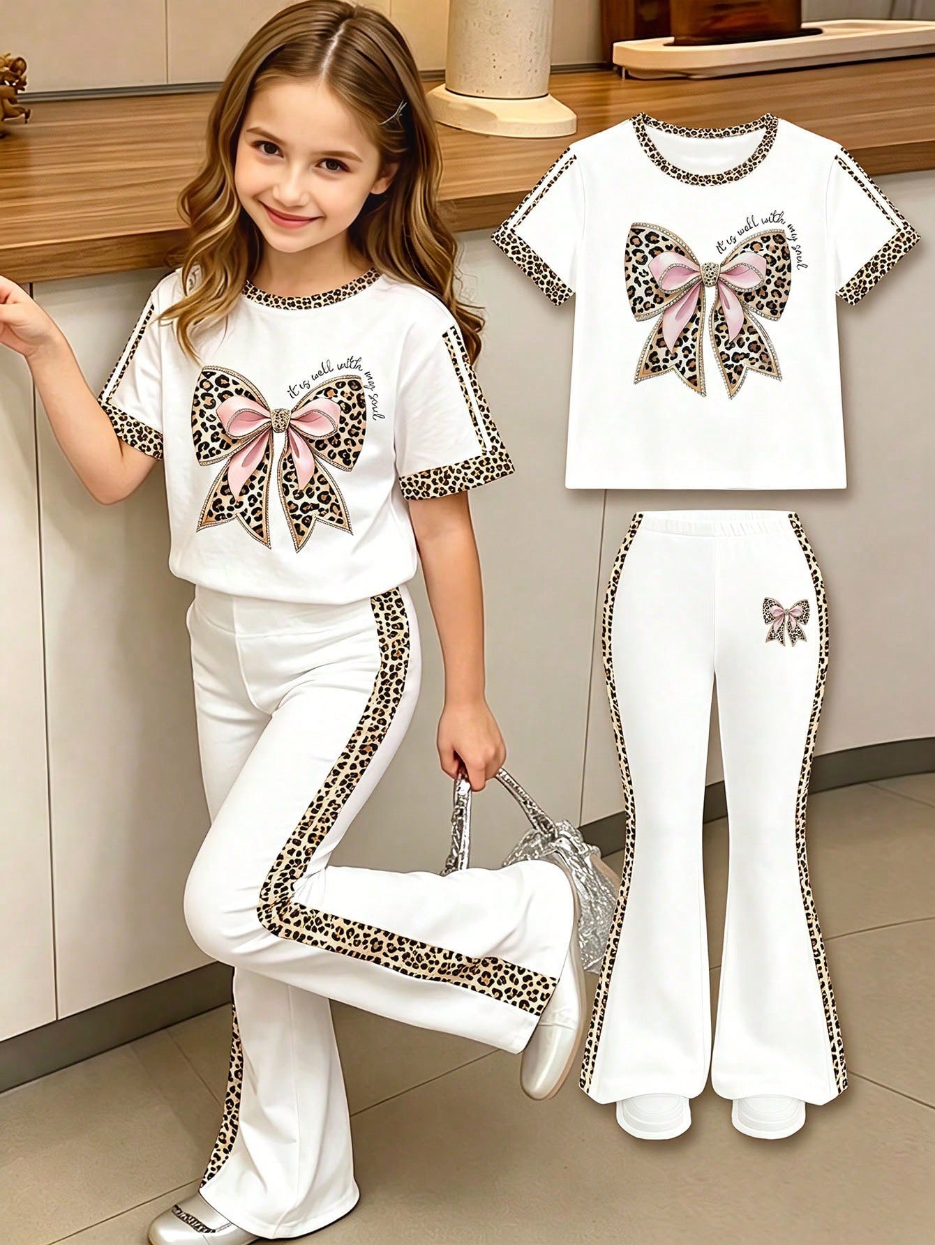 Elladie kids 2pcs/Set Young Girl Casual Butterfly Print Short Sleeve T-Shirt And Flare Pants,Cute Cartoon Graphic Fashionable Summer Clothes For School Outfit