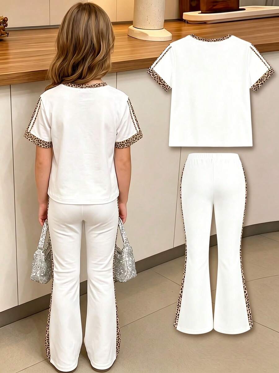 Elladie kids 2pcs/Set Young Girl Casual Butterfly Print Short Sleeve T-Shirt And Flare Pants,Cute Cartoon Graphic Fashionable Summer Clothes For School Outfit