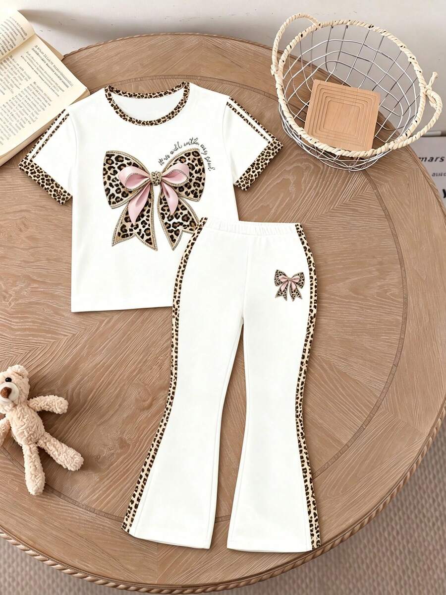 Elladie kids 2pcs/Set Young Girl Casual Butterfly Print Short Sleeve T-Shirt And Flare Pants,Cute Cartoon Graphic Fashionable Summer Clothes For School Outfit