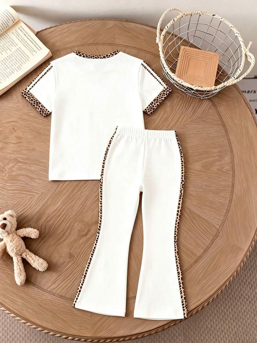 Elladie kids 2pcs/Set Young Girl Casual Butterfly Print Short Sleeve T-Shirt And Flare Pants,Cute Cartoon Graphic Fashionable Summer Clothes For School Outfit