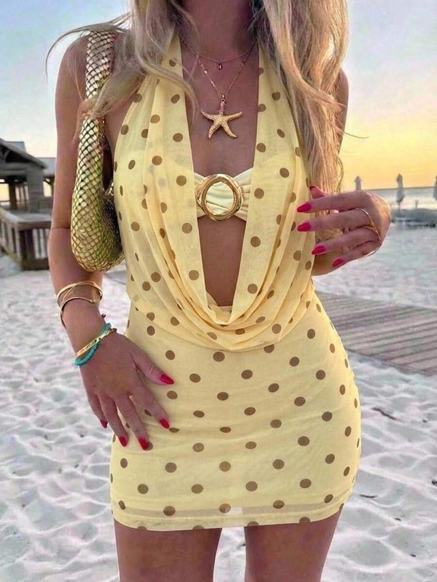 Women's sleeveless halter bodycon mini dress with backless cutout design and knot detail in apricot