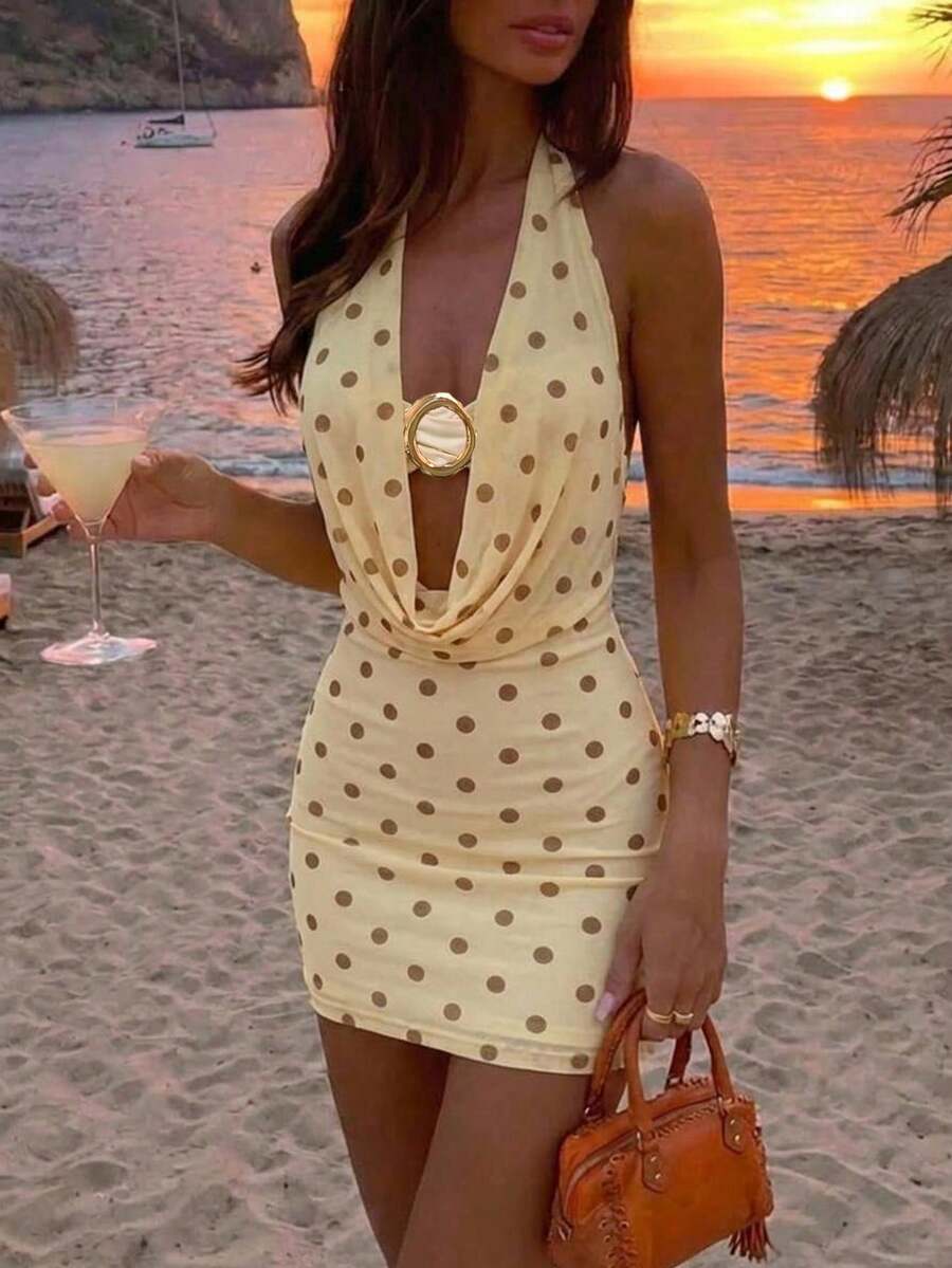 Women's sleeveless halter bodycon mini dress with backless cutout design and knot detail in apricot