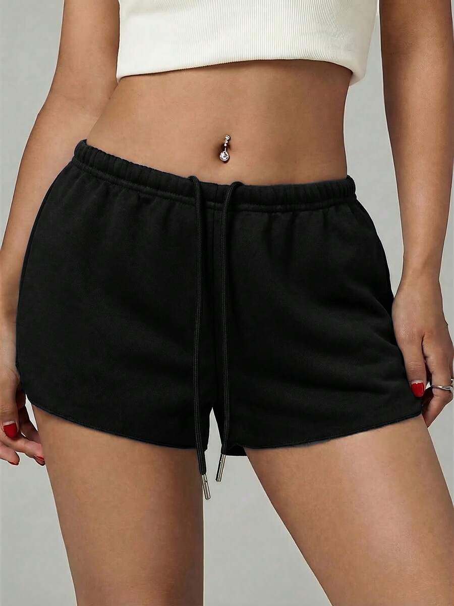 Petite women's burgundy casual track shorts with drawstring waist, raw hem, loose fit, and mini length