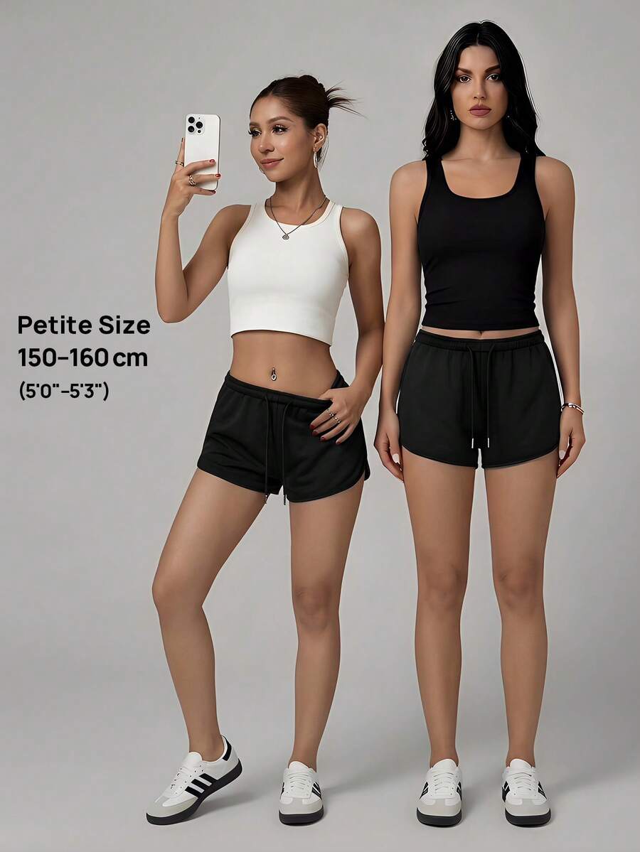 Petite women's burgundy casual track shorts with drawstring waist, raw hem, loose fit, and mini length