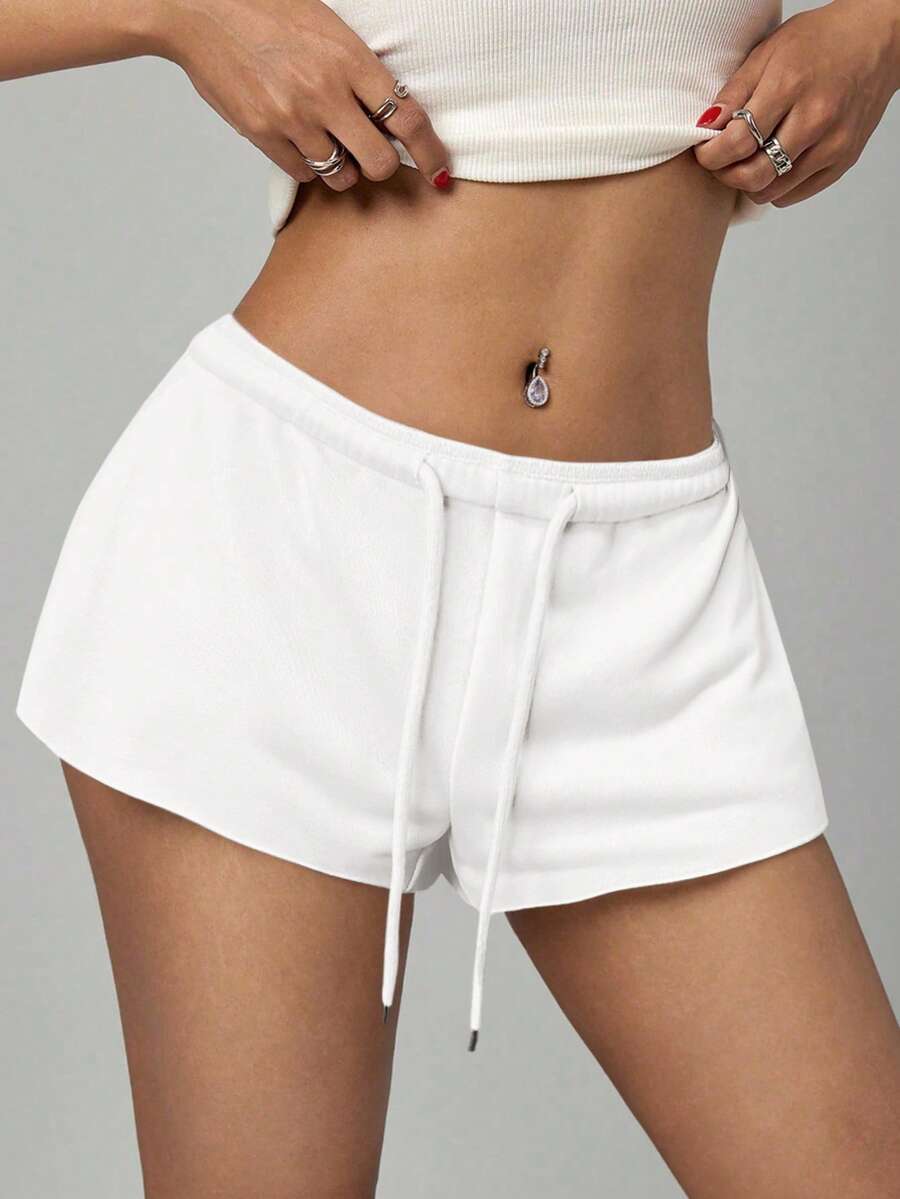 Petite women's burgundy casual track shorts with drawstring waist, raw hem, loose fit, and mini length
