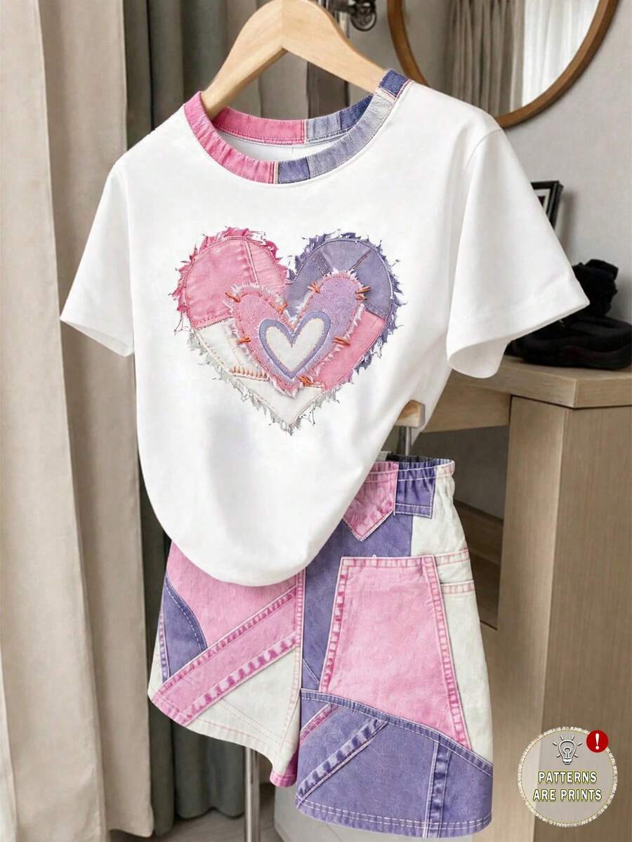 Young Girl Young Girl Casual Minimalist Short Sleeve T-Shirt And Shorts 2-Piece Set Suitable For Summer