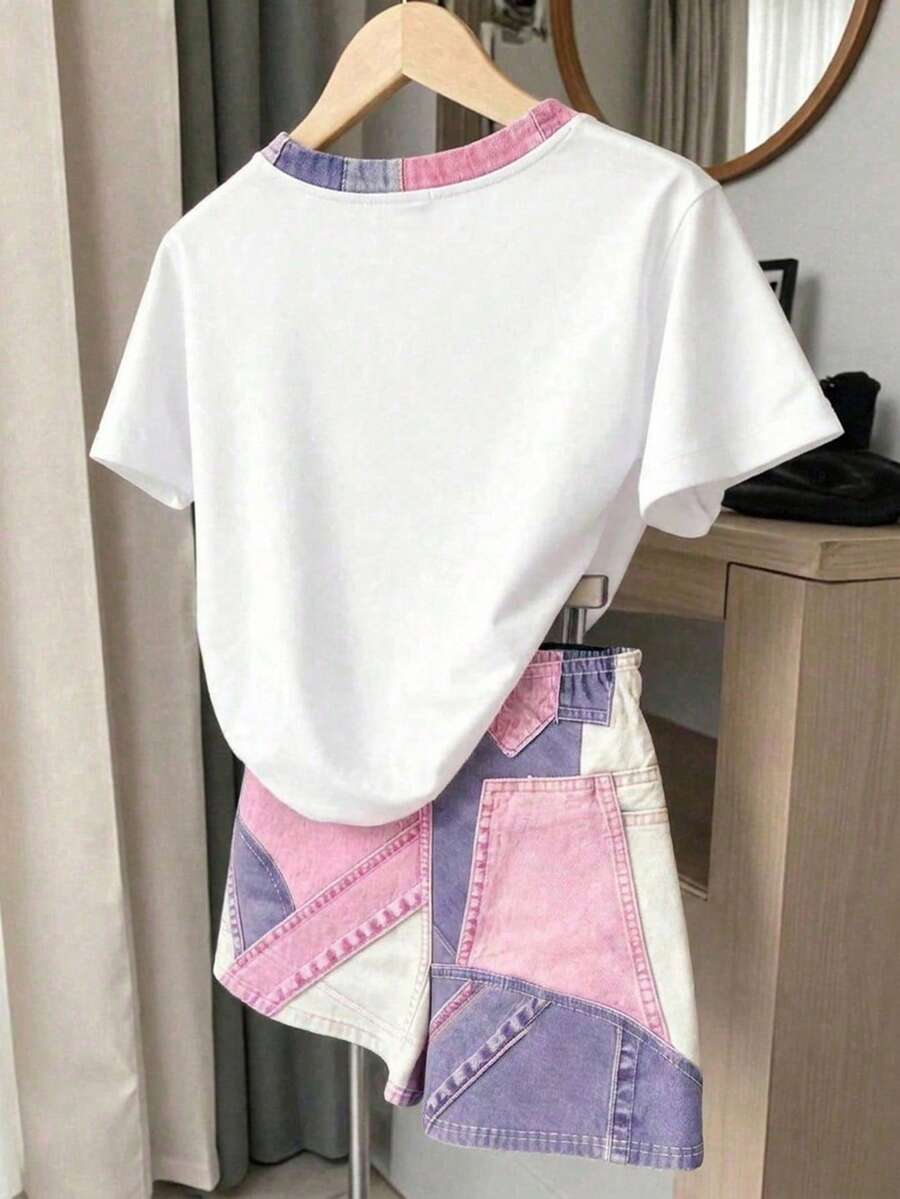 Young Girl Young Girl Casual Minimalist Short Sleeve T-Shirt And Shorts 2-Piece Set Suitable For Summer