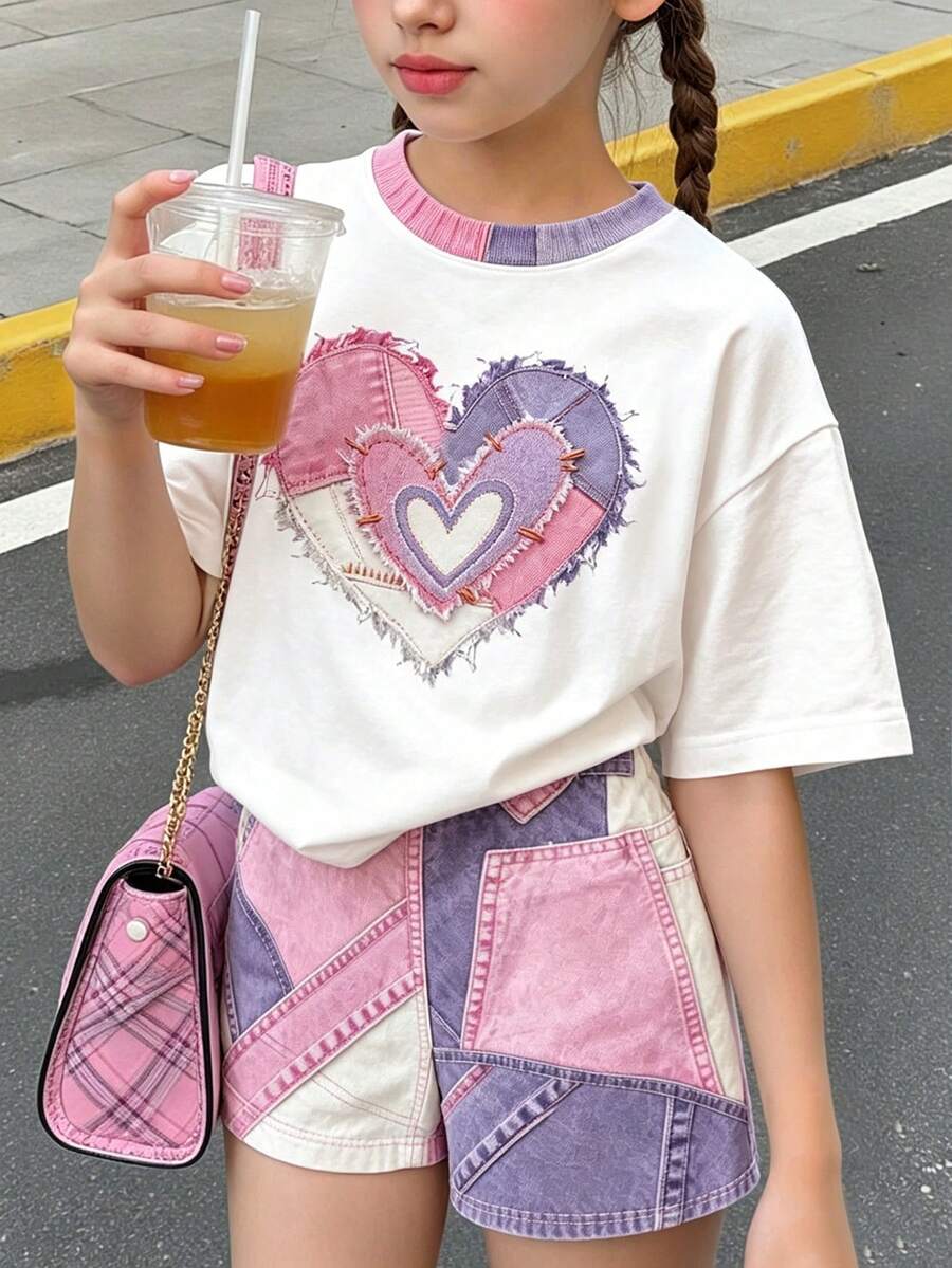 Young Girl Young Girl Casual Minimalist Short Sleeve T-Shirt And Shorts 2-Piece Set Suitable For Summer