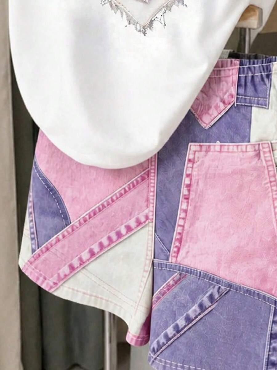 Young Girl Young Girl Casual Minimalist Short Sleeve T-Shirt And Shorts 2-Piece Set Suitable For Summer