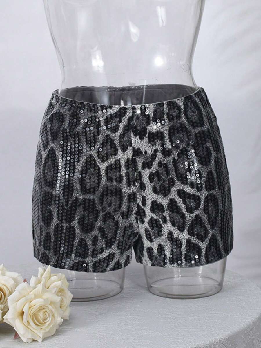 Women's Y2K leopard print sequin ultra short hot pants with elastic waist and shiny party style