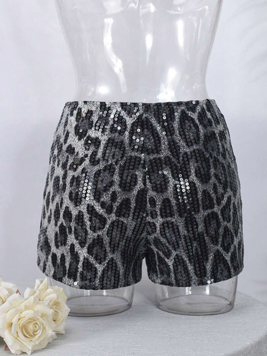 Women's Y2K leopard print sequin ultra short hot pants with elastic waist and shiny party style