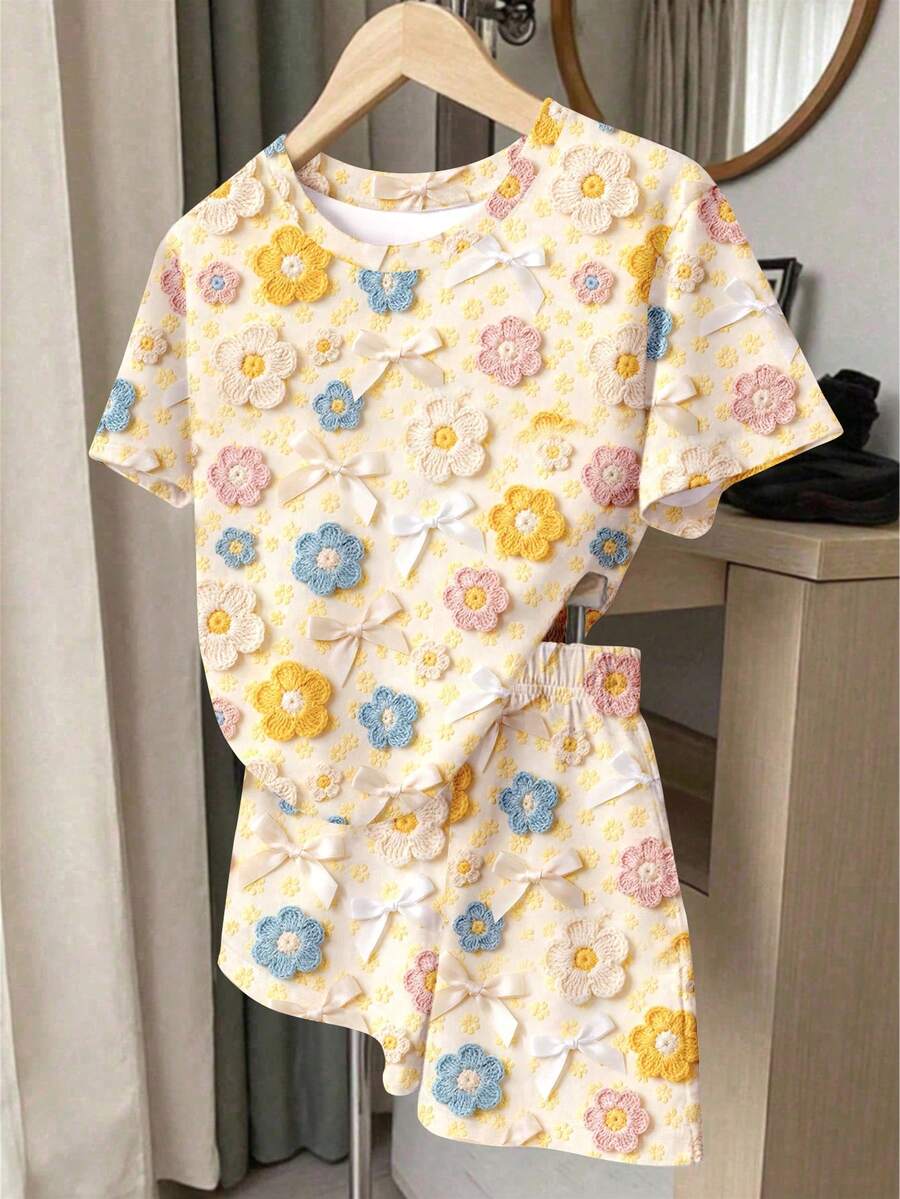 Young Girl Young Girl Casual Minimalist Short Sleeve T-Shirt And Shorts 2-Piece Set Suitable For Summer