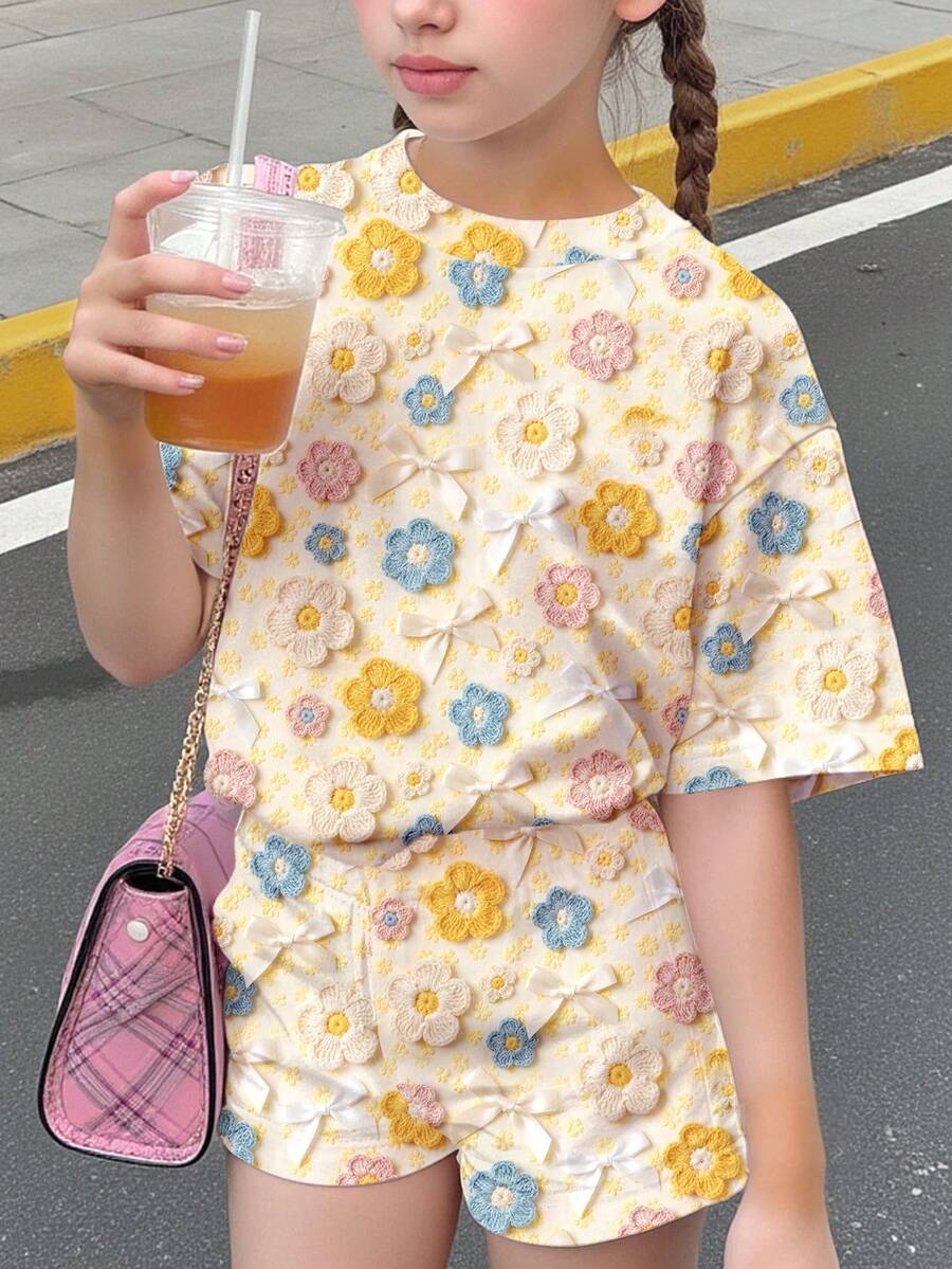 Young Girl Young Girl Casual Minimalist Short Sleeve T-Shirt And Shorts 2-Piece Set Suitable For Summer