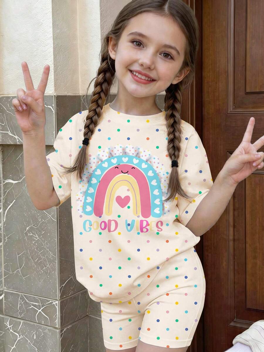 Young Girl Young Girl Casual Minimalist Short Sleeve T-Shirt And Shorts 2-Piece Set Suitable For Summer