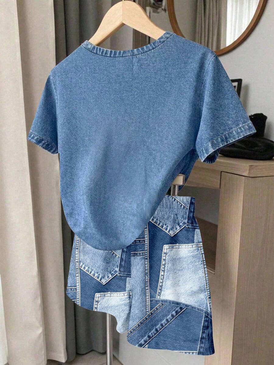 Young Girl Young Girl Casual Minimalist Short Sleeve T-Shirt And Shorts 2-Piece Set Suitable For Summer