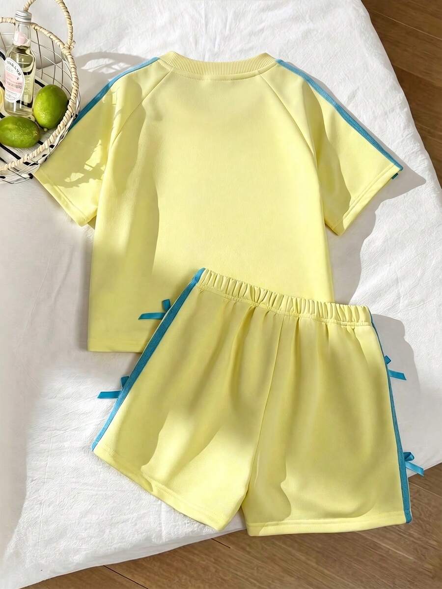 Genkimix Kids Young Girls Casual Light Sports Print Leopard Raglan T-Shirt With Cute Bow Front, Contrast Pink Knit Jersey Fabric, Y2K Retro Double Stripe Leopard Shorts Set, Suitable For Casual Activities, Street Style, Sports