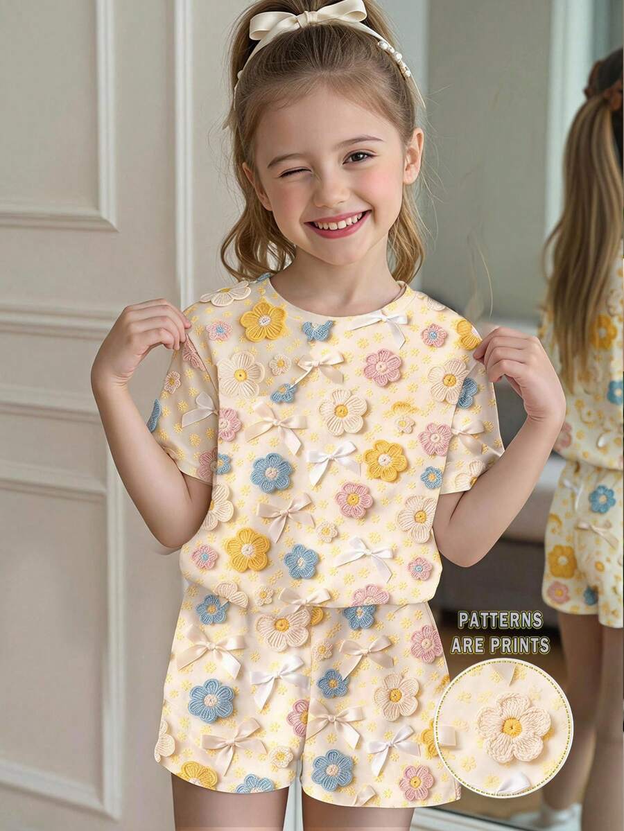 Young Girl Young Girl Casual Minimalist Short Sleeve T-Shirt And Shorts 2-Piece Set Suitable For Summer