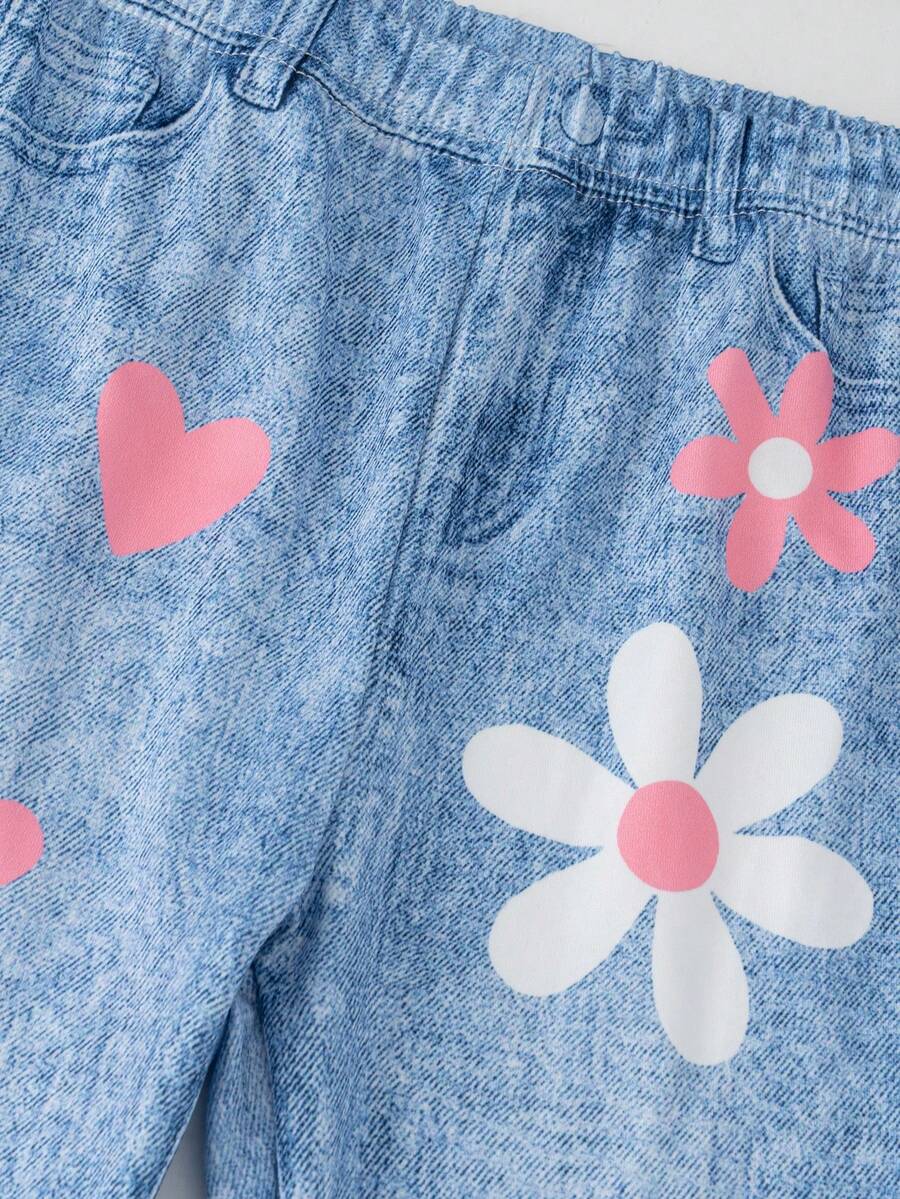 Elladie kids 2pcs/Set Young Girl Casual Butterfly Print Short Sleeve T-Shirt And Flare Pants,Cute Cartoon Graphic Fashionable Summer Clothes For School Outfit
