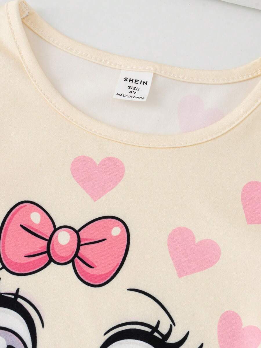 Elladie kids 2pcs/Set Young Girl Casual Butterfly Print Short Sleeve T-Shirt And Flare Pants,Cute Cartoon Graphic Fashionable Summer Clothes For School Outfit