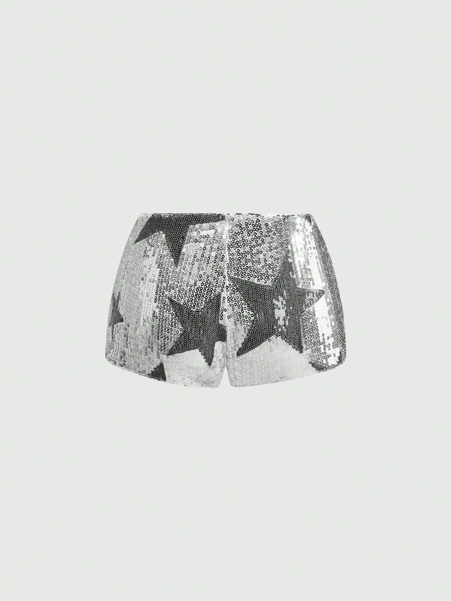 Women's black sequin ultra low-waist mini shorts with sparkling pentagram decor, zipper detail, and elastic waist for party, stage, concert, or Halloween wear
