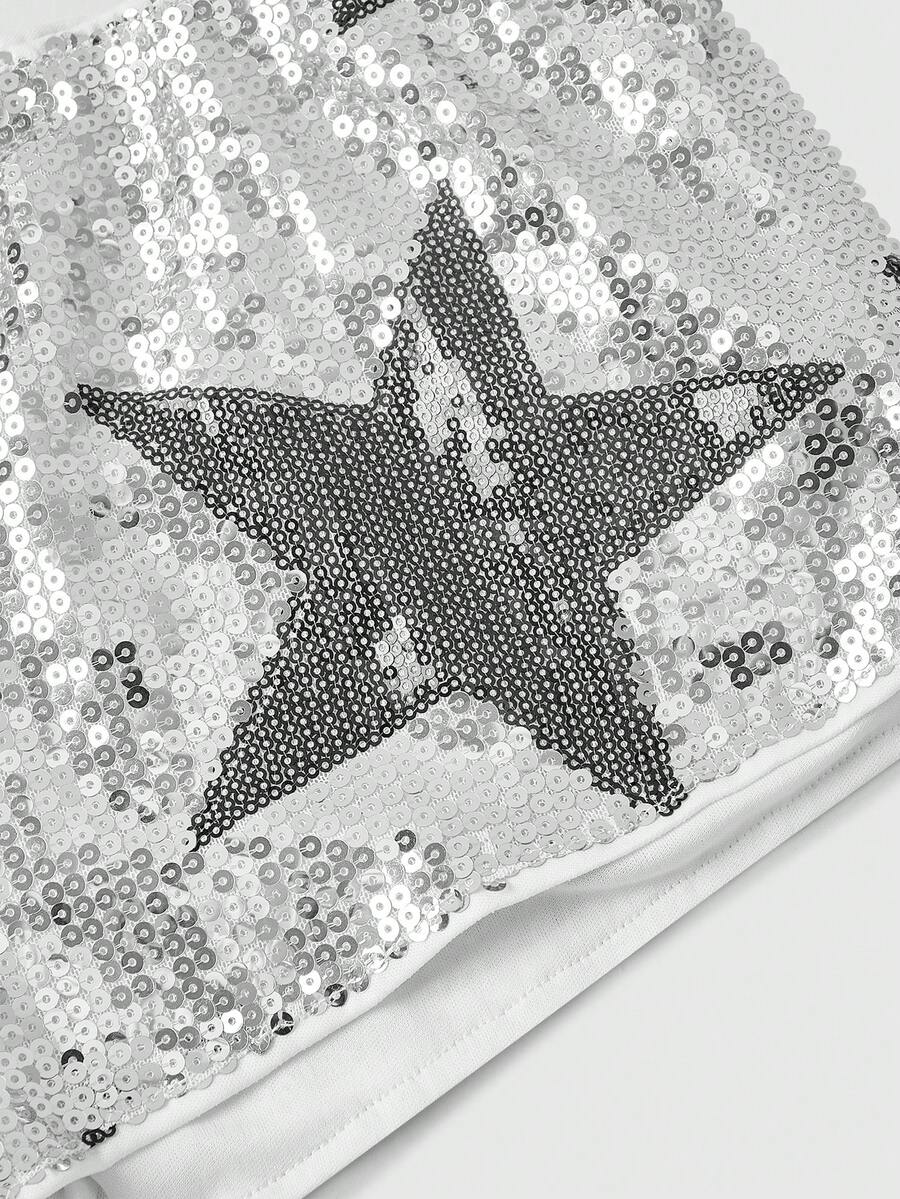 Women's black sequin ultra low-waist mini shorts with sparkling pentagram decor, zipper detail, and elastic waist for party, stage, concert, or Halloween wear