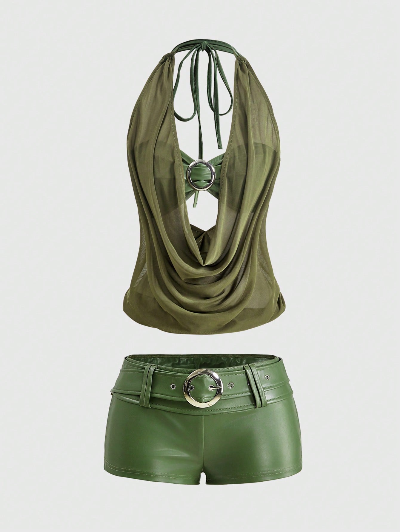 Women's Gyaru-style two-piece outfit with a draped halter crop top, backless tie detail, and mini bodycon shorts