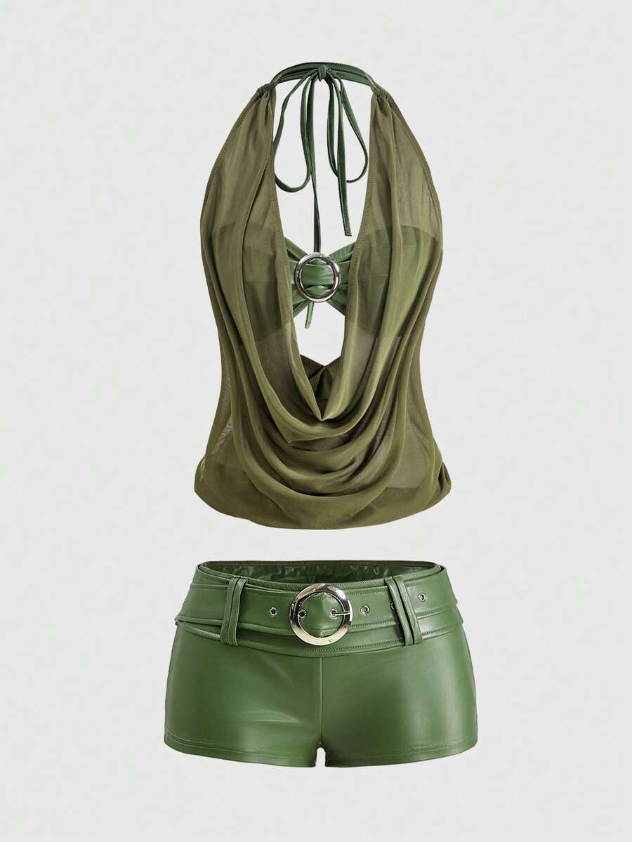 Women's Gyaru-style two-piece outfit with a draped halter crop top, backless tie detail, and mini bodycon shorts