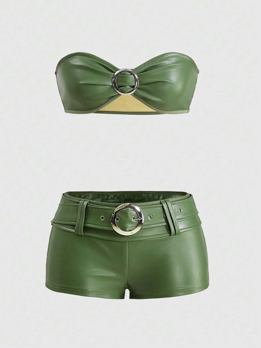 Women's Gyaru-style two-piece outfit with a draped halter crop top, backless tie detail, and mini bodycon shorts