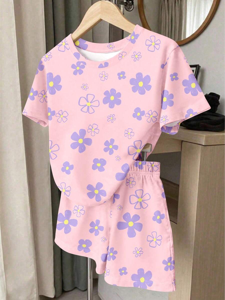 Young Girl Young Girl Casual Minimalist Short Sleeve T-Shirt And Shorts 2-Piece Set Suitable For Summer