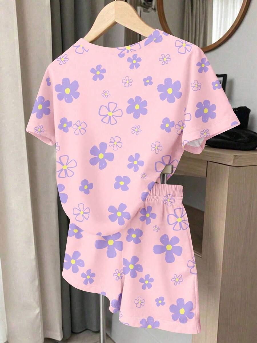 Young Girl Young Girl Casual Minimalist Short Sleeve T-Shirt And Shorts 2-Piece Set Suitable For Summer