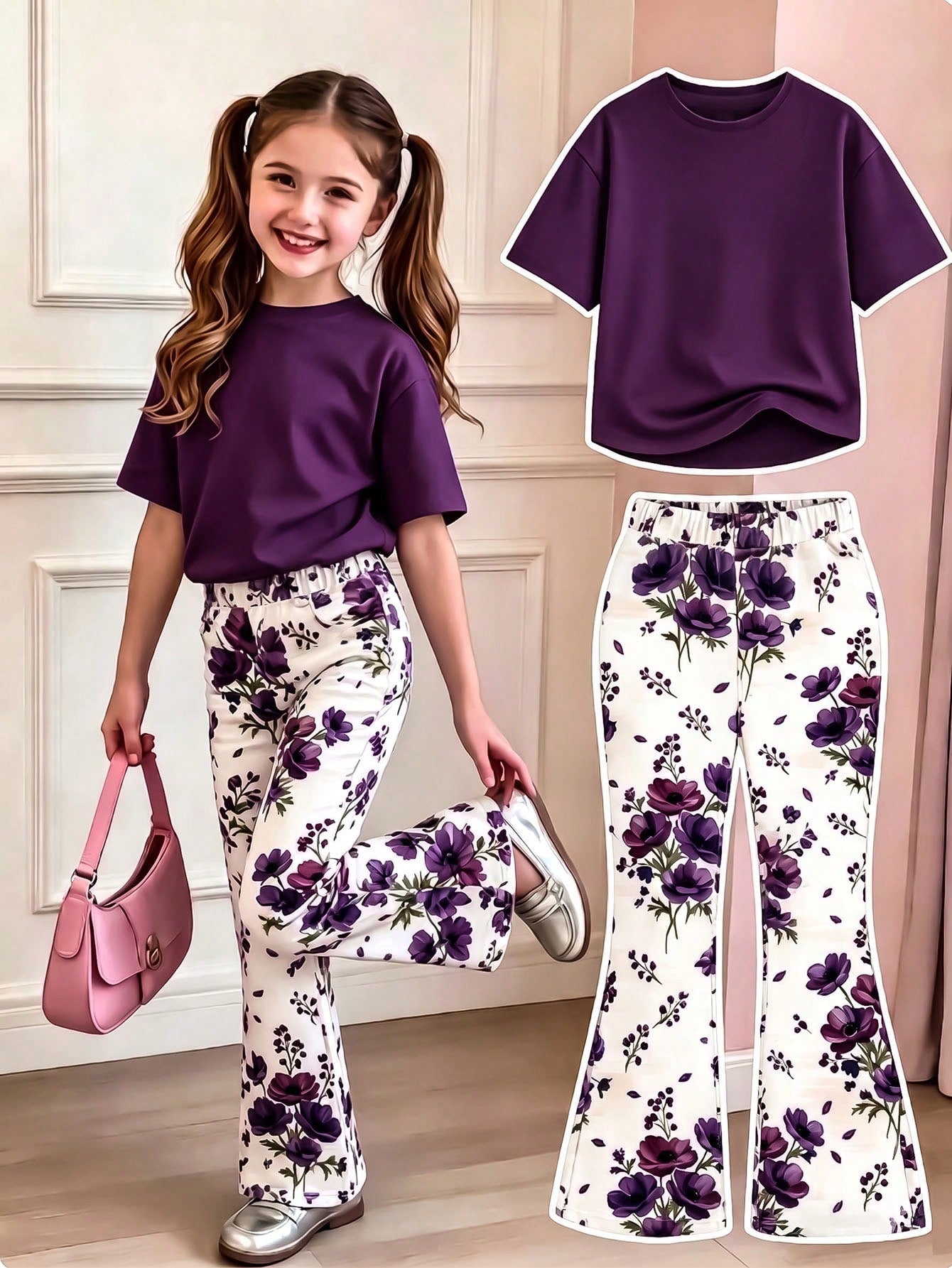 Elladie kids 2pcs/Set Young Girl Casual Butterfly Print Short Sleeve T-Shirt And Flare Pants,Cute Cartoon Graphic Fashionable Summer Clothes For School Outfit