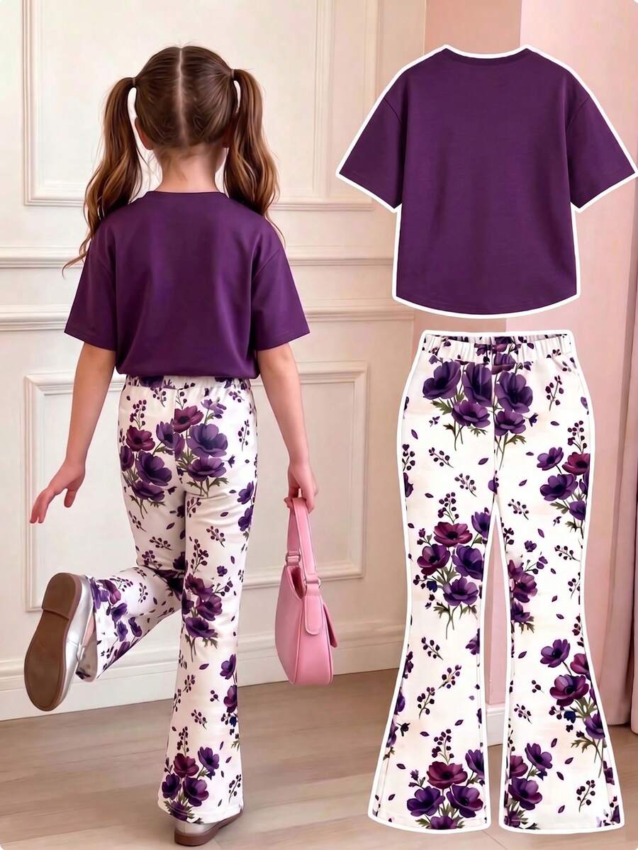 Elladie kids 2pcs/Set Young Girl Casual Butterfly Print Short Sleeve T-Shirt And Flare Pants,Cute Cartoon Graphic Fashionable Summer Clothes For School Outfit