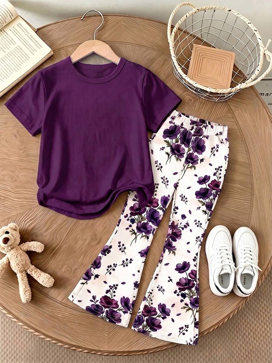 Elladie kids 2pcs/Set Young Girl Casual Butterfly Print Short Sleeve T-Shirt And Flare Pants,Cute Cartoon Graphic Fashionable Summer Clothes For School Outfit