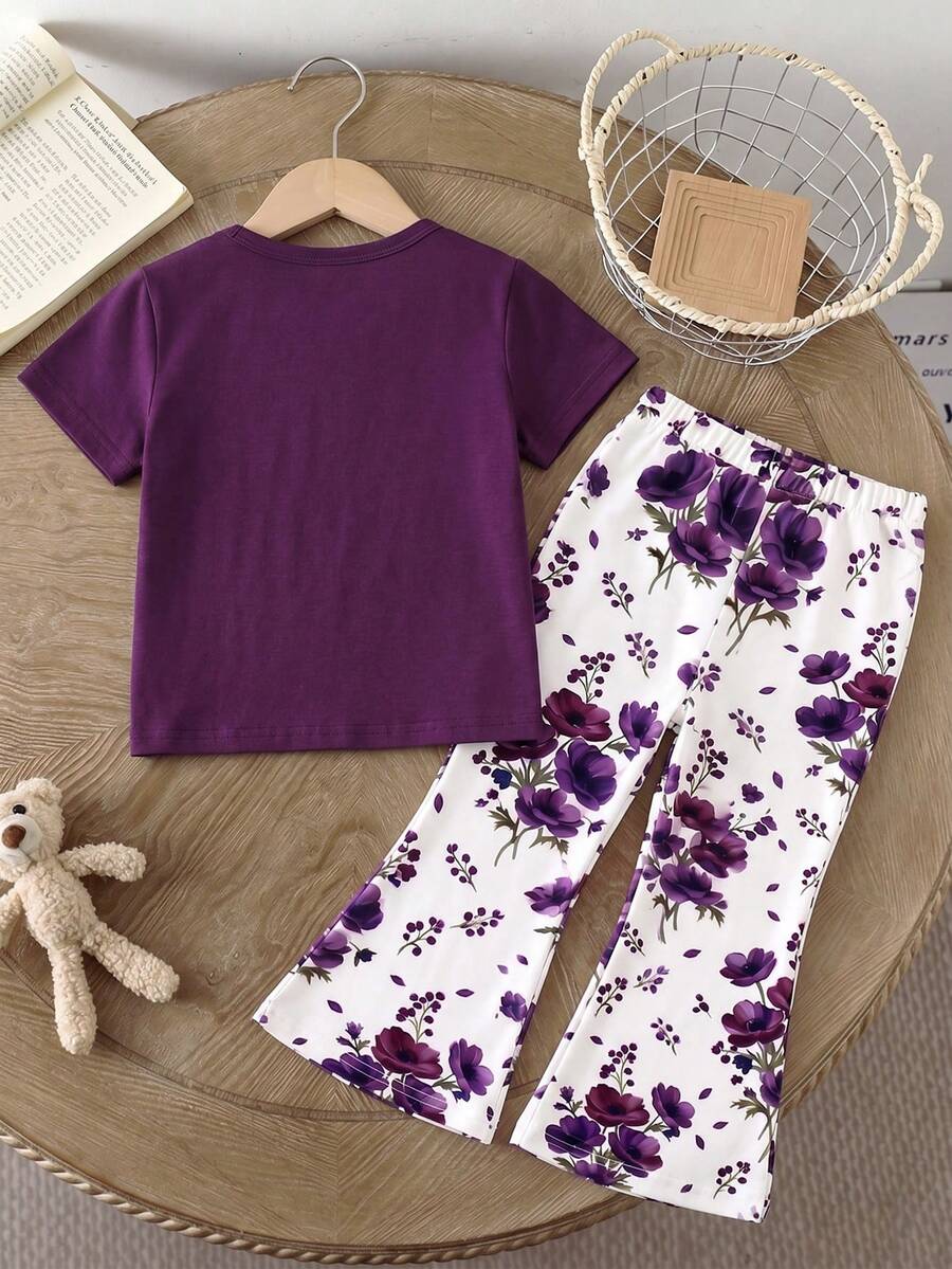 Elladie kids 2pcs/Set Young Girl Casual Butterfly Print Short Sleeve T-Shirt And Flare Pants,Cute Cartoon Graphic Fashionable Summer Clothes For School Outfit