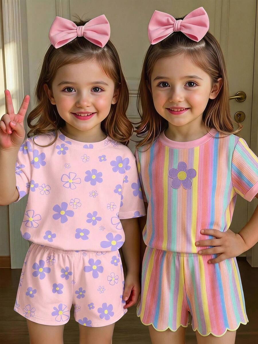 Young Girl Young Girl Casual Minimalist Short Sleeve T-Shirt And Shorts 2-Piece Set Suitable For Summer