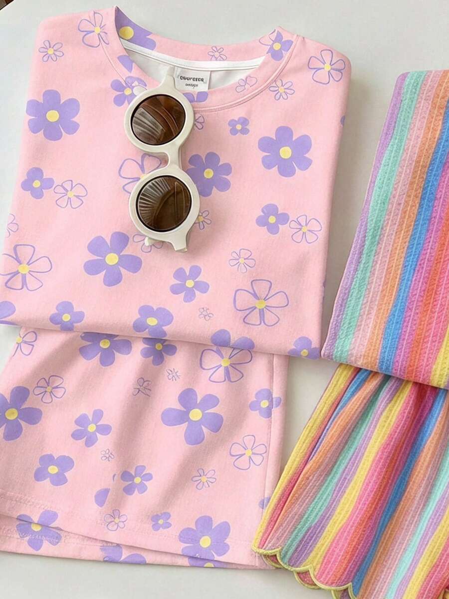 Young Girl Young Girl Casual Minimalist Short Sleeve T-Shirt And Shorts 2-Piece Set Suitable For Summer