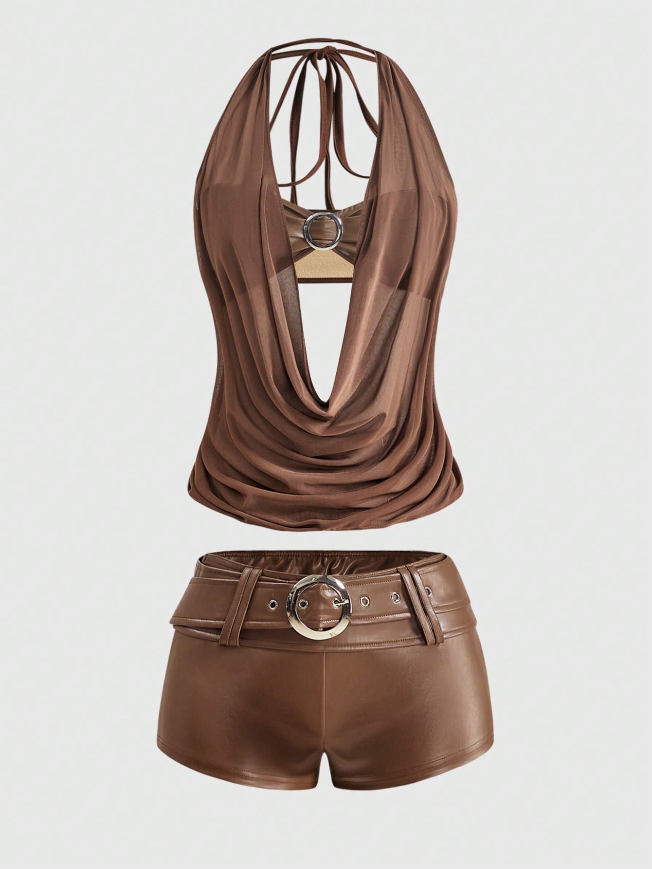 Women's Gyaru-style two-piece outfit with a draped halter crop top, backless tie detail, and mini bodycon shorts