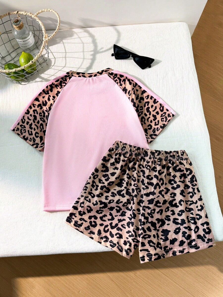 Genkimix Kids Young Girls Casual Light Sports Print Leopard Raglan T-Shirt With Cute Bow Front, Contrast Pink Knit Jersey Fabric, Y2K Retro Double Stripe Leopard Shorts Set, Suitable For Casual Activities, Street Style, Sports