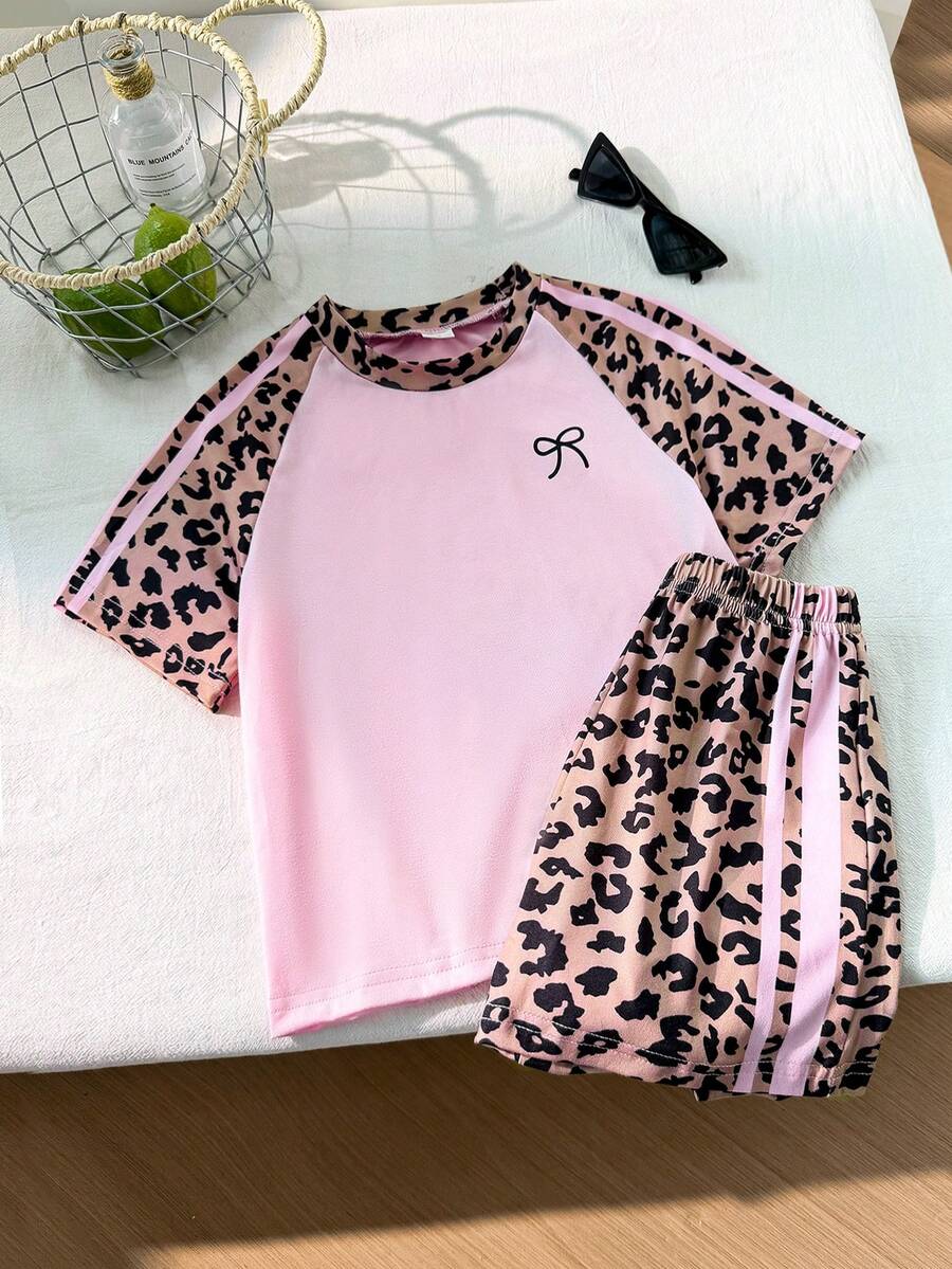 Genkimix Kids Young Girls Casual Light Sports Print Leopard Raglan T-Shirt With Cute Bow Front, Contrast Pink Knit Jersey Fabric, Y2K Retro Double Stripe Leopard Shorts Set, Suitable For Casual Activities, Street Style, Sports