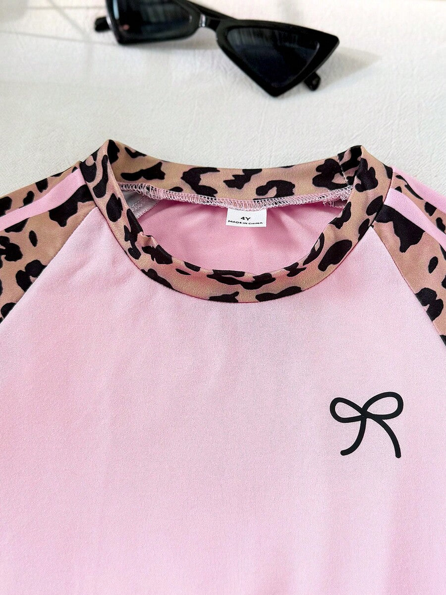 Genkimix Kids Young Girls Casual Light Sports Print Leopard Raglan T-Shirt With Cute Bow Front, Contrast Pink Knit Jersey Fabric, Y2K Retro Double Stripe Leopard Shorts Set, Suitable For Casual Activities, Street Style, Sports