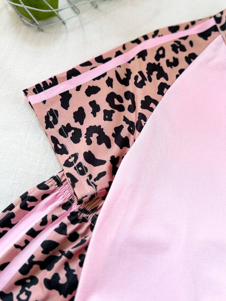 Genkimix Kids Young Girls Casual Light Sports Print Leopard Raglan T-Shirt With Cute Bow Front, Contrast Pink Knit Jersey Fabric, Y2K Retro Double Stripe Leopard Shorts Set, Suitable For Casual Activities, Street Style, Sports