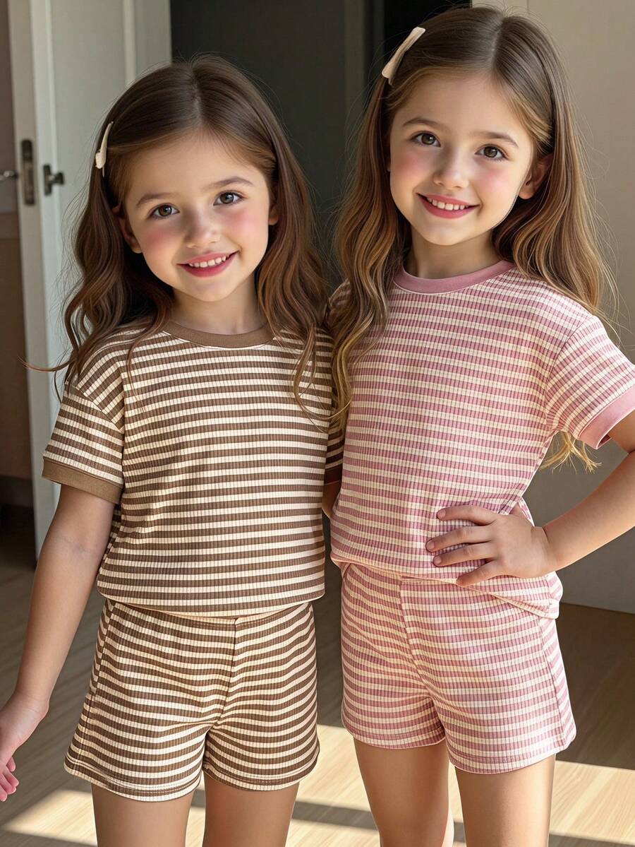 Young Girl Young Girl Casual Minimalist Short Sleeve T-Shirt And Shorts 2-Piece Set Suitable For Summer