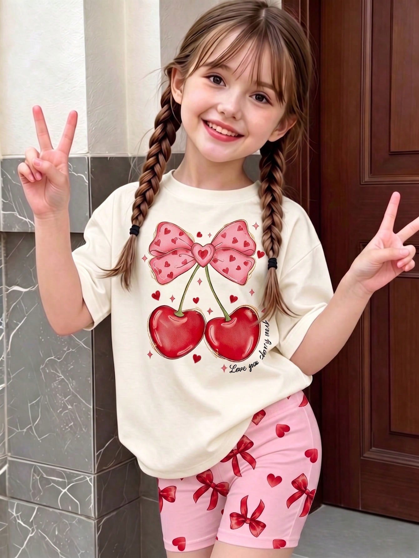 Elladie kids 2pcs/Set 4-7 Years Old Girls Toddler Outfits,Summer Cherry Bow Print Blue & White Striped Round Neck Short Sleeve T-Shirt + Shorts,Fresh Cute Style