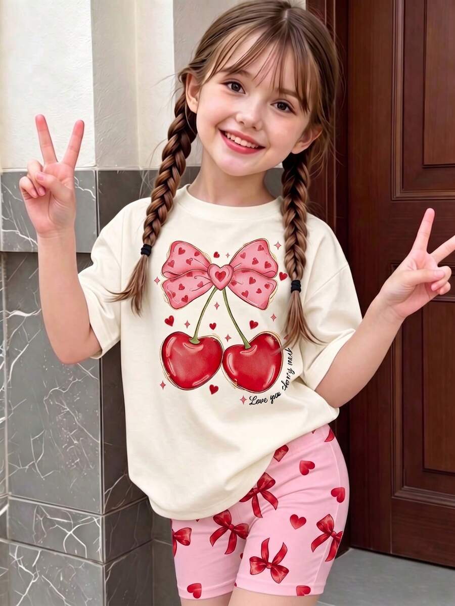 Elladie kids 2pcs/Set 4-7 Years Old Girls Toddler Outfits,Summer Cherry Bow Print Blue & White Striped Round Neck Short Sleeve T-Shirt + Shorts,Fresh Cute Style