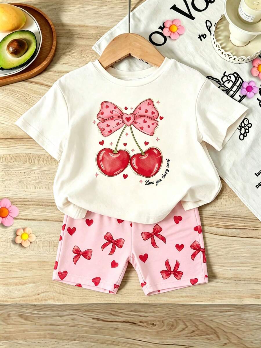 Elladie kids 2pcs/Set 4-7 Years Old Girls Toddler Outfits,Summer Cherry Bow Print Blue & White Striped Round Neck Short Sleeve T-Shirt + Shorts,Fresh Cute Style
