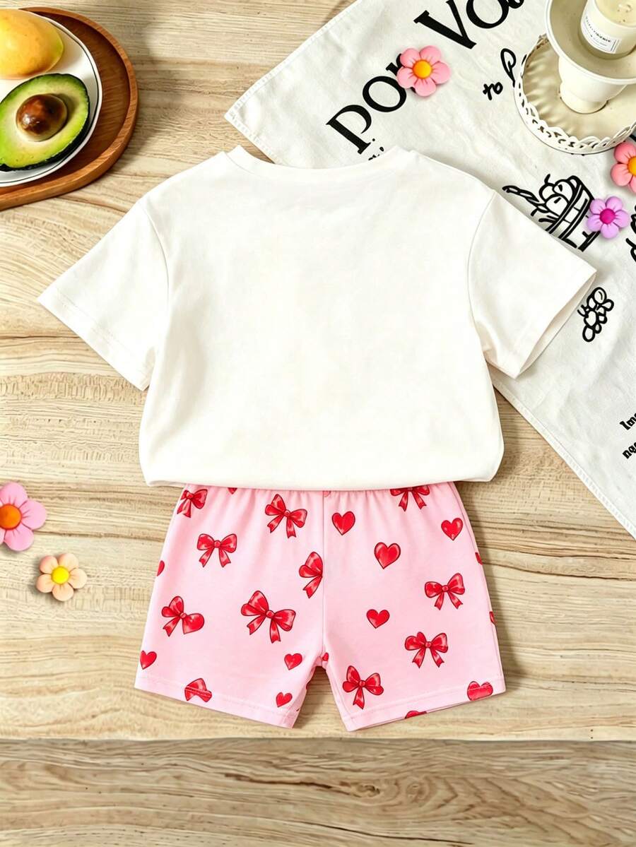 Elladie kids 2pcs/Set 4-7 Years Old Girls Toddler Outfits,Summer Cherry Bow Print Blue & White Striped Round Neck Short Sleeve T-Shirt + Shorts,Fresh Cute Style