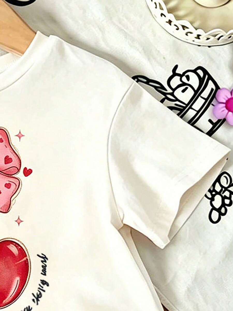 Elladie kids 2pcs/Set 4-7 Years Old Girls Toddler Outfits,Summer Cherry Bow Print Blue & White Striped Round Neck Short Sleeve T-Shirt + Shorts,Fresh Cute Style