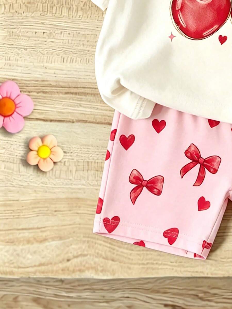 Elladie kids 2pcs/Set 4-7 Years Old Girls Toddler Outfits,Summer Cherry Bow Print Blue & White Striped Round Neck Short Sleeve T-Shirt + Shorts,Fresh Cute Style